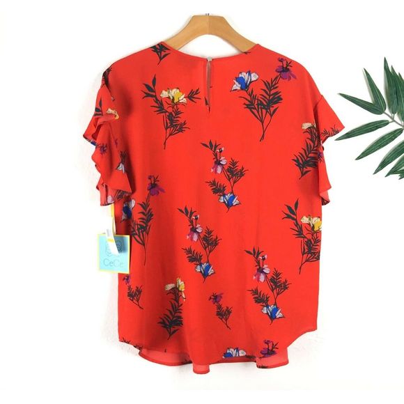 CeCe by Cynthia Steffe Cap Sleeve Floral Blouse M - Picture 3 of 6